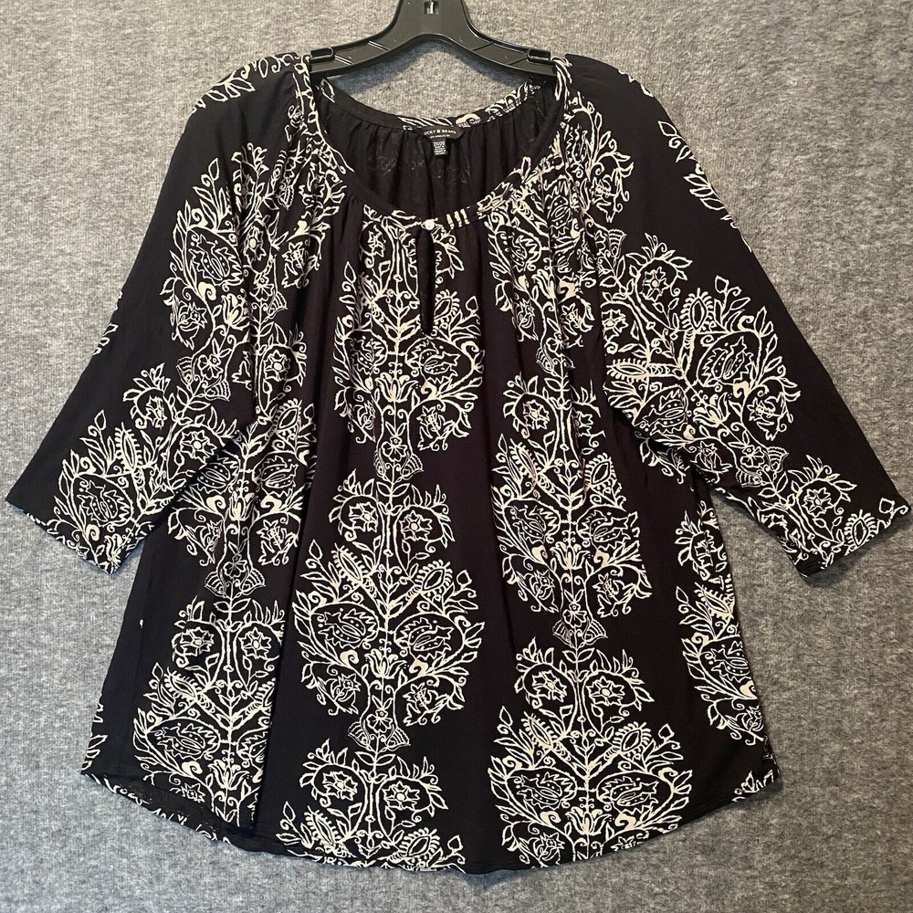 Lucky Brand Tunic Top Womens 2X Black Floral Boho‎ Viscose Flowy Popover Blouse